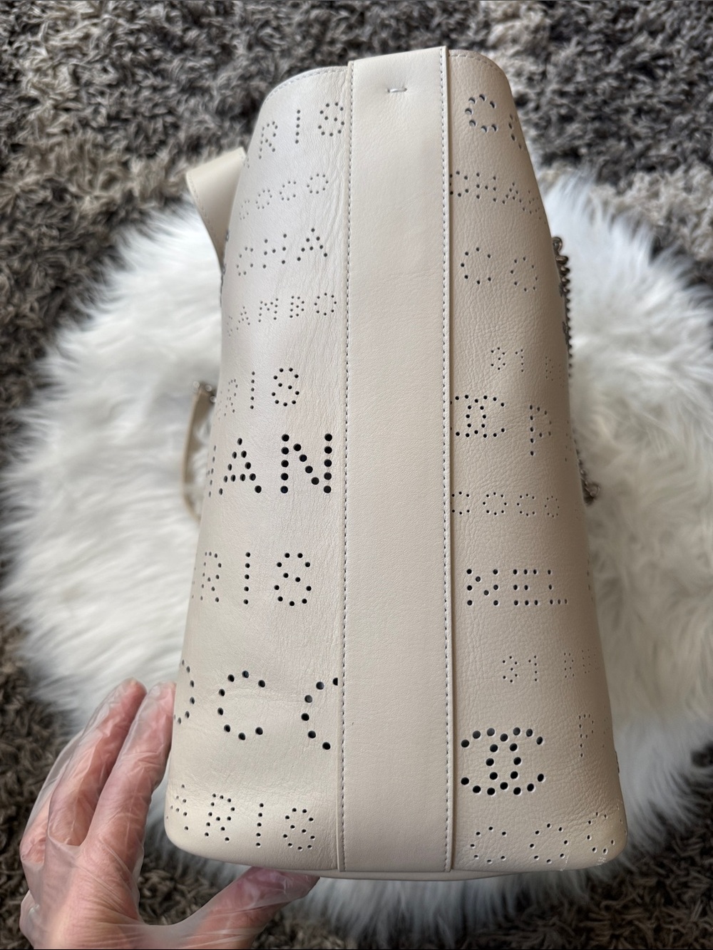 NWT CHANEL 2019 Beige Calfskin Perforated Logo Tote with Silver-Tone Hardware - Picture 11 of 17